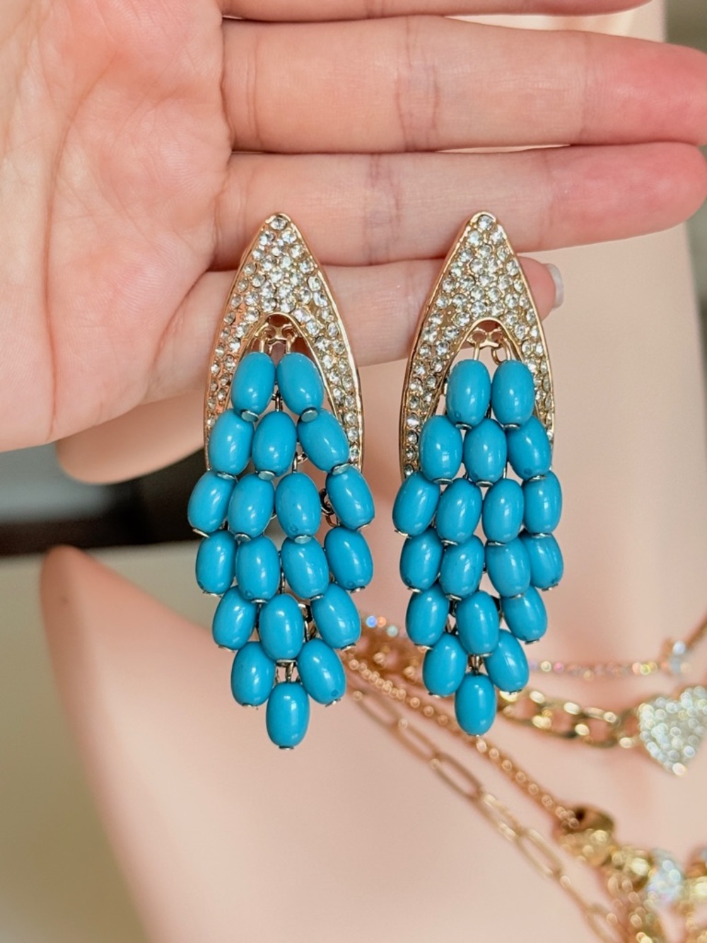 Gold-Tone Turquoise Cluster Drop Earrings - Picture 12 of 13